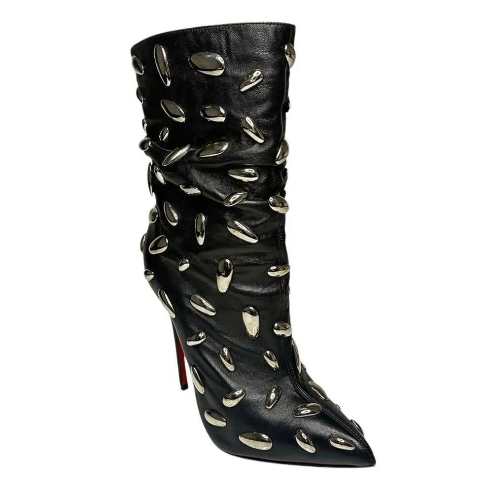 Christian Louboutin Nail Booty 120 Nappa Leather Studded Ankle Boots Size 35.5
